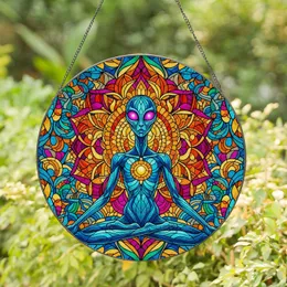 Alien Lotus Figure Glowing Eyes Energetic Orb Mandala Aura Tiffany Glass Mosaic Stained Glass Suncatcher