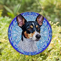Alert Tricolor Rat Terrier Dog Stained Glass Mosaic - Tiffany Style Jewel Tone Leaf Vine Design Stained Glass Suncatcher