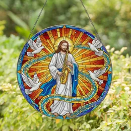 Jesus Christ Playing Saxophone Stained Glass Tiffany Style - Doves Musical Notes Sunburst Stained Glass Suncatcher