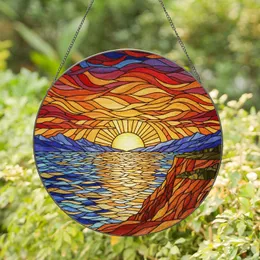 Tiffany Style Glowing Sunset Ocean Cliffs Mountains Sky Stained Glass Mosaic Stained Glass Suncatcher