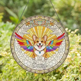 Daisy Corgi Dog Rainbow Wings Stained Glass Sunburst Mosaic Puffy Clouds Floral Border Stained Glass Suncatcher