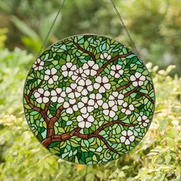 White Apple Blossom Stained Glass Art – Tiffany Jewel Tone Foliage Mosaic Decor Stained Glass Suncatcher