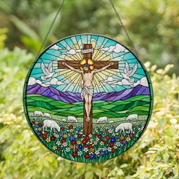 Jesus Christ Crucifixion Stained Glass Art - Doves, Wildflowers, Sheep, Religious Gift Stained Glass Suncatcher