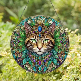 Regal Mystical Cat Face Stained Glass Art with Golden Crown, Tiffany Glass Style Stained Glass Suncatcher
