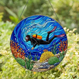 Scuba Diver Coral Reef Stained Glass - Deep Ocean Underwater Marine Life Window Art Stained Glass Suncatcher