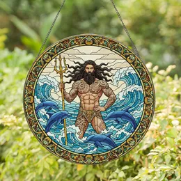 Poseidon God Trident Dolphin Ocean Waves Stained Glass - Mythology Nautical Home Decor Gift Stained Glass Suncatcher