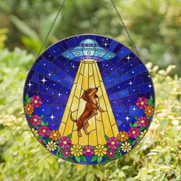 Dachshund Dog UFO Flying Saucer Stained Glass Starry Night Daisy Wreath Art Decor Stained Glass Suncatcher