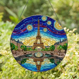 Eiffel Tower Paris River Stained Glass Mosaic Window Art - Starry Night Sky Decor Stained Glass Suncatcher