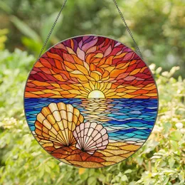 Detailed Scallop Seashells Sandy Beach Ocean Waves - Tiffany Stained Glass Sunset Art Stained Glass Suncatcher