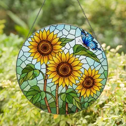 Four Sunflowers Blue Butterfly Stained Glass Mosaic Art - Glowing Translucent Jewel Tones Stained Glass Suncatcher