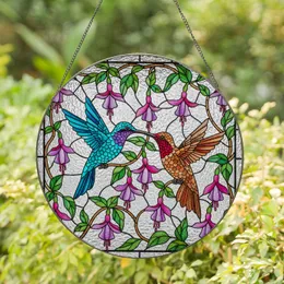 Two Hummingbirds Tiffany Stained Glass Art, Fuchsia Flowers, Rippled Background Stained Glass Suncatcher