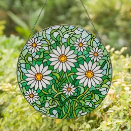 Stained Glass Daisy Flowers Green Leaves Mosaic - Tiffany Style Floral Window Art Stained Glass Suncatcher