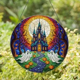 Spooky Haunted Castle Ghosts Pumpkins Autumn Trees Full Moon Tiffany Stained Glass Decor Stained Glass Suncatcher