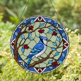 Blue Jay Stained Glass Tiffany Branch Art - Blue Leaves, Red Berries, Geometric Mosaic Stained Glass Suncatcher