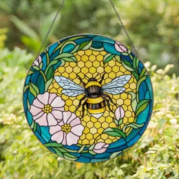 Bumblebee Tiffany Stained Glass Honeycomb Pink Flowers Translucent Jewel Art Stained Glass Suncatcher