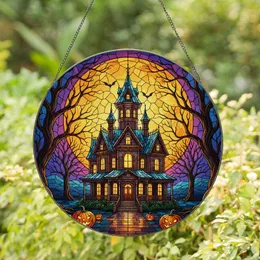 Haunted Victorian Mansion Jack-o'-Lantern Bare Trees Moon - Stained Glass Halloween Decor Stained Glass Suncatcher