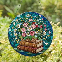 Wildflower Bouquet Stained Glass Art, Antique Leather Books, Blue Green Mosaic Jewel Tones Stained Glass Suncatcher