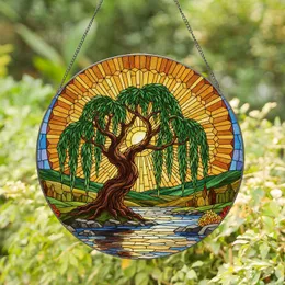 Ancient Weeping Willow Tree Stained Glass Sunburst Sky - Tiffany Style Window Decor Stained Glass Suncatcher