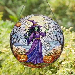 Smiling Witch Jack-o'-Lantern Full Moon Autumn Trees - Halloween Enchantment Decor Gift Stained Glass Suncatcher