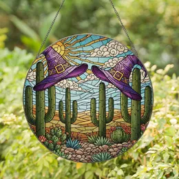 Ornate Purple Witch Hats Saguaro Cactus Desert Tiffany Glass Landscape Stained Glass Suncatcher