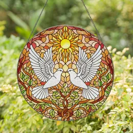 Glowing White Doves Stained Glass Sun - Jewel Tones Sky with Green Brown Branches Stained Glass Suncatcher