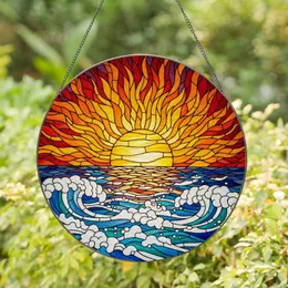 Glowing Sun Ocean Waves Stained Glass - Tiffany Style Intricate Sunset Seascape Art Home Decor Stained Glass Suncatcher