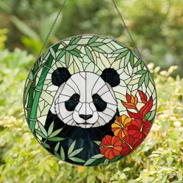 Panda Bear Bamboo Tropical Flowers Stained Glass - Tiffany Style Jewel Tone Mosaic Stained Glass Suncatcher