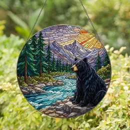 Black Bear River Mountains Evergreen Trees Stained Glass - Sun Rays Window Decor Stained Glass Suncatcher