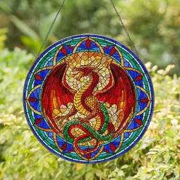 Dragon Stained Glass Roar - Horned Head, Spread Wings, Geometric Mosaic Translucent Stained Glass Suncatcher