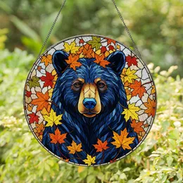 Black Bear Autumn Maple Leaves Tiffany Style Stained Glass Mosaic - Fall Nature Lover Gift Stained Glass Suncatcher