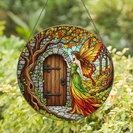 Fairy with Butterfly Wings Stained Glass Art, Gnarled Tree, Fairy Door & Mossy Stone Wall Stained Glass Suncatcher