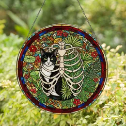 Black Tuxedo Cat Rib Cage Tropical Leaves Tiffany Style Stained Glass Home Decor Stained Glass Suncatcher