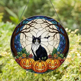 Tuxedo Cat Jack-o'-Lanterns Full Moon Bat Bare Trees Jewel Tone Halloween Fall Decor Stained Glass Suncatcher