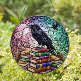 Black Raven Ancient Books Stained Glass Mystical Full Moon Gothic Window Decor Stained Glass Suncatcher