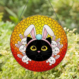 Black Cat Bunny Ears White Bunnies Stained Glass Mosaic Tiffany Style - Cat Lover Gift Stained Glass Suncatcher