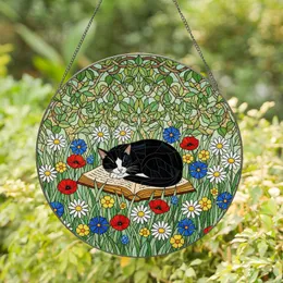 Sleeping Tuxedo Cat on Book, Meadow Daisies & Poppies - Tiffany Stained Glass Jewel Tones Stained Glass Suncatcher