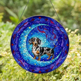 Tri-Color Dachshund Dog Crescent Moon Cosmic Stained Glass Tiffany Style Dog Lover Gift Stained Glass Suncatcher