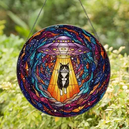 UFO Abduction Tuxedo Cat Fish - Flying Saucer Stained Glass Cosmic Nebula Tiffany Style Stained Glass Suncatcher