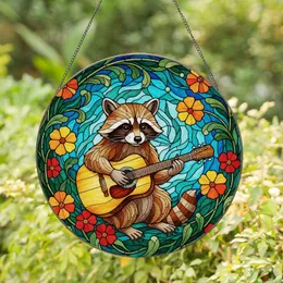 Raccoon Playing Acoustic Guitar Stained Glass Tiffany Jewel Tones Foliage Flowers Stained Glass Suncatcher