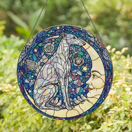 Greyhound Dog Moon Face Stained Glass Art - Iridescent Starry Night Sky Jewel Tones Stained Glass Suncatcher