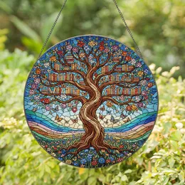 Stained Glass Gnarled Trunk Tree Bookshelf, Butterflies & Wildflowers Serene Landscape Stained Glass Suncatcher