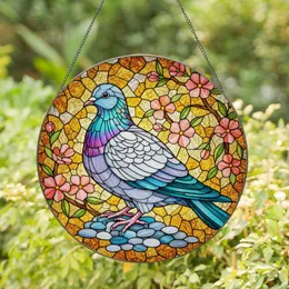Tiffany Glass Pigeon Dove, Blooming Flowers & Pebbles Stained Glass Mosaic Artwork Stained Glass Suncatcher