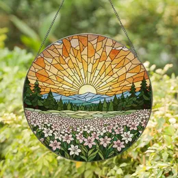 Pink White Lilies Sunset Mountain Evergreen Trees Tiffany Glass Style Home Decor Stained Glass Suncatcher