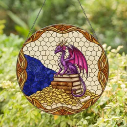 Regal Purple Dragon on Antique Books with Treasure - Stained Glass Jewel Tones Art Stained Glass Suncatcher