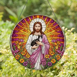 Jesus Christ Tuxedo Cat Tiffany Stained Glass Wildflowers Mosaic Sunburst Pattern Stained Glass Suncatcher