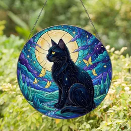 Black Cat Glowing Eyes Full Moon Night Sky Stained Glass - Tiffany Style Art Decor Stained Glass Suncatcher