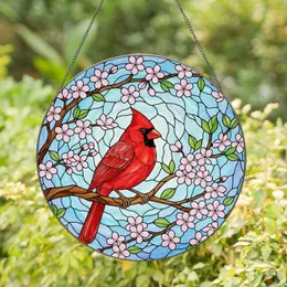 Brilliant Red Northern Cardinal Stained Glass - Tiffany Cherry Blossom Bird Window Decor Stained Glass Suncatcher