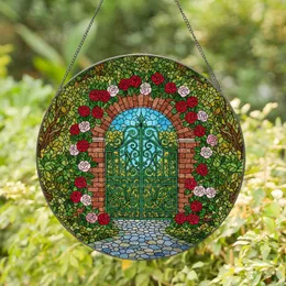 Ornate Garden Gate Roses Brick Archway - Tiffany Style Glass Art Home Decor Gift Stained Glass Suncatcher