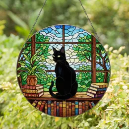 Black Cat Stained Glass Bookshelf Window Art Potted Plant - Book Lover Reading Home Decor Stained Glass Suncatcher