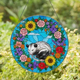 Opossum Stained Glass Art - Tiffany Style Wild Garden Flowers Glowing Blue Sky Stained Glass Suncatcher